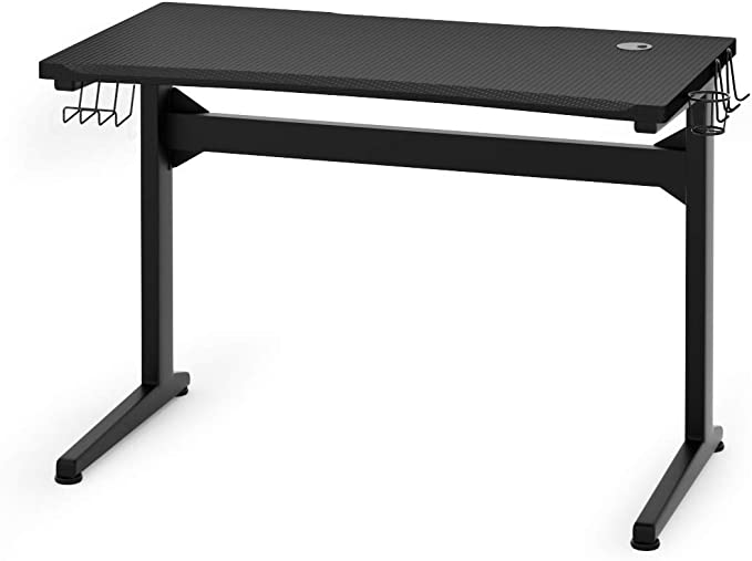 Tangkula Gaming Desk, Ergonomic Gaming Computer Desk, E-Sports Game Desk with Cup & Headphone Holder and Mouse Pad, Gamer Workstation, Carbon Fiber Surface and T-Shape Steel Frame, Gamer Desk (Black)