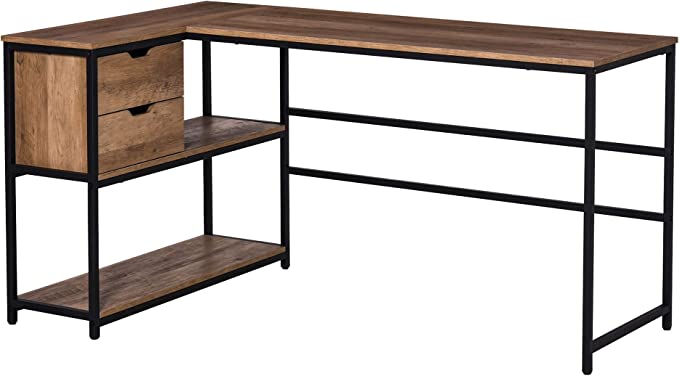 HOMCOM L-Shaped Home Offie Computer Desk with Storage Shelves, 2 Dawers and Industrial Steel Frame, Black/Brown